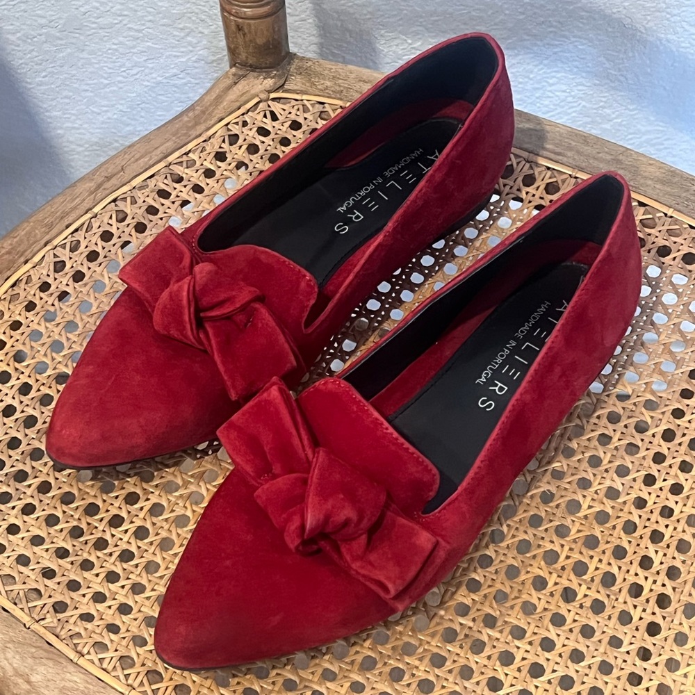 Ateliers Thea Red Suede Loafers with Knotted Bow Detail - Picture 2 of 9